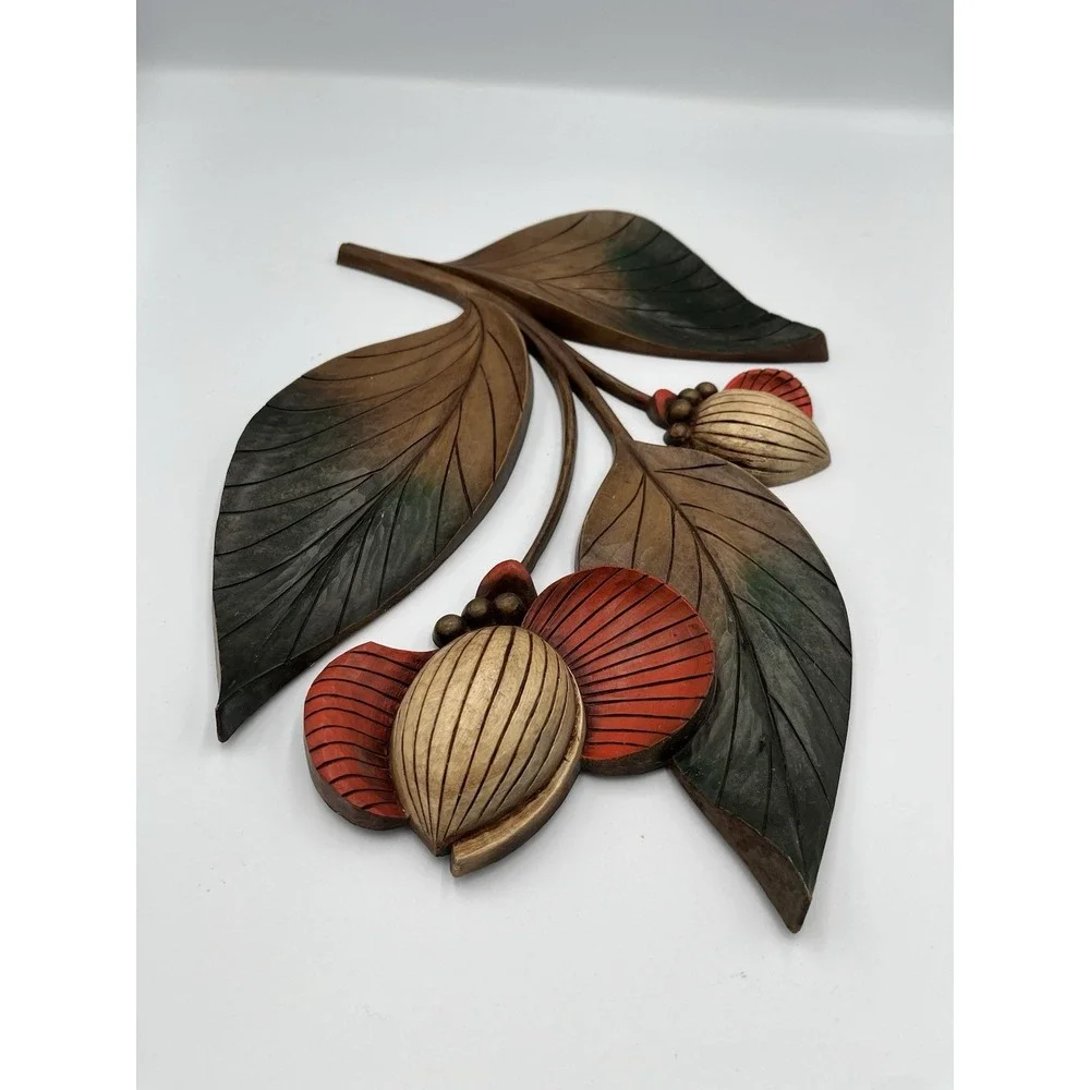 MCM Syroco Flower Wall Hanging Plaque Wood Grain Orange Green Leaves 1964 VTG